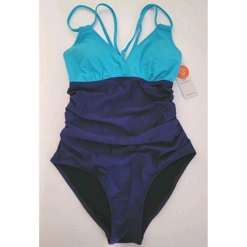 NWT Charmo One Piece Swimsuit Sz S Blue Colorblock Ruched Tummy Control UPF 50